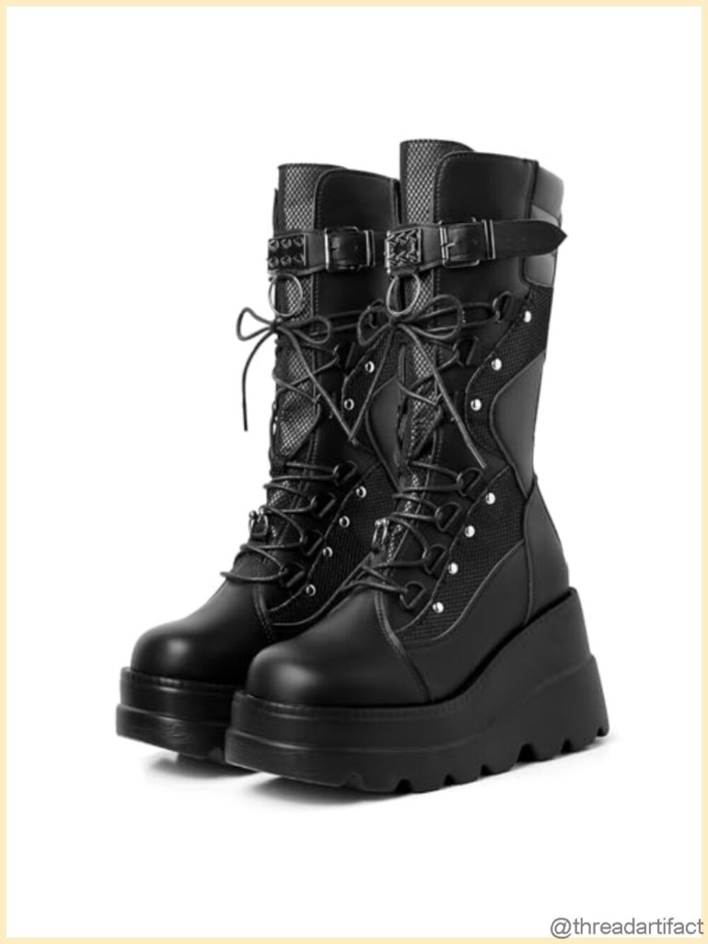 Goth Platform Combat Boots PU Leather Faux Suede Mid-Calf Wedge